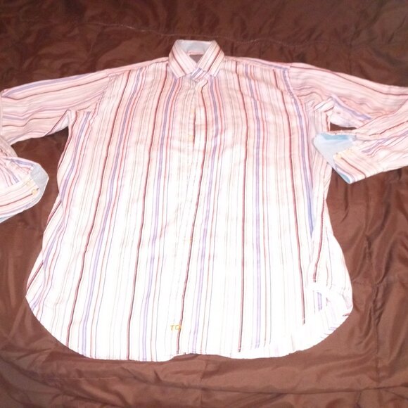 Thomas Dean Striped Long Sleeve Button-Up Shirt L 100% Cotton Mens - Picture 1 of 1